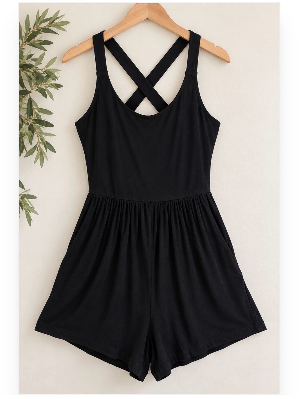 Black CrissCross Back Romper Built-In Bike Shorts Pocket Stretchy Flowy Playsuit